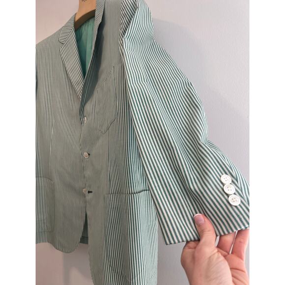 Hickey Freeman 3 Button Suit Jacket Pastel Green White Pinstripes Size 44 JL - Picture 6 of 12